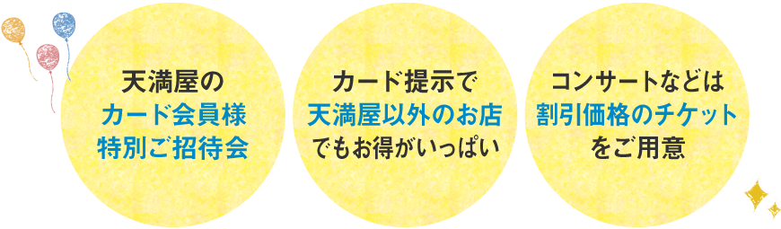 1.天満屋のカード会員様特別ご招待会。2.カード提示で天満屋以外のお店でもお得がいっぱい。3.コンサートなどは割引価格のチケットをご用意。